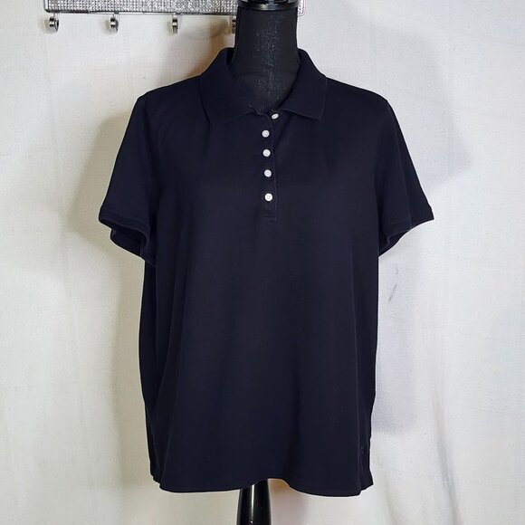 Izod Woman Black Lilac Piping 5 Button Cotton Span SS Henley Polo Top Size 1X - Picture 1 of 16